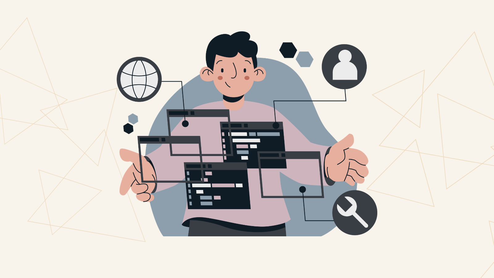 Illustrated person surrounded by overlapping code windows connected to icons (globe, user, wrench), symbolizing software development and collaboration.