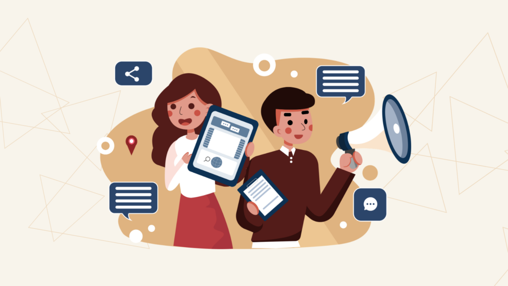 Two people using devices (tablet and phone) with chat bubbles and a megaphone, illustrating digital communication and collaboration.